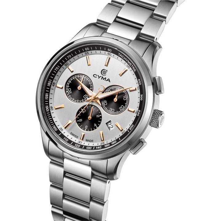Cyma Champion Collection 42mm Silver white vertical hairline dial with black color sub-dial Dial Silver Steel Bracelet