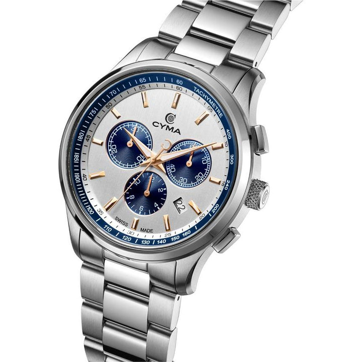 Cyma Champion Collection 42mm Silver white dial with vertical hairline finish Dial Silver Steel Bracelet