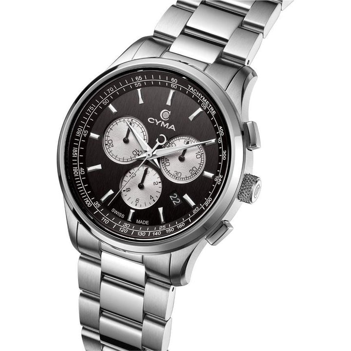 Cyma Champion Collection 42mm Black dial with vertical hairline finish Dial Silver Steel Bracelet
