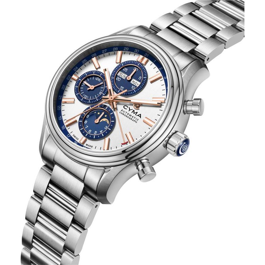 Cyma Grand Maestro The Chess Collection 43.5mm Silver white vertical hairline dial &amp; dark blue color sub-dials Dial Silver Steel Bracelet
