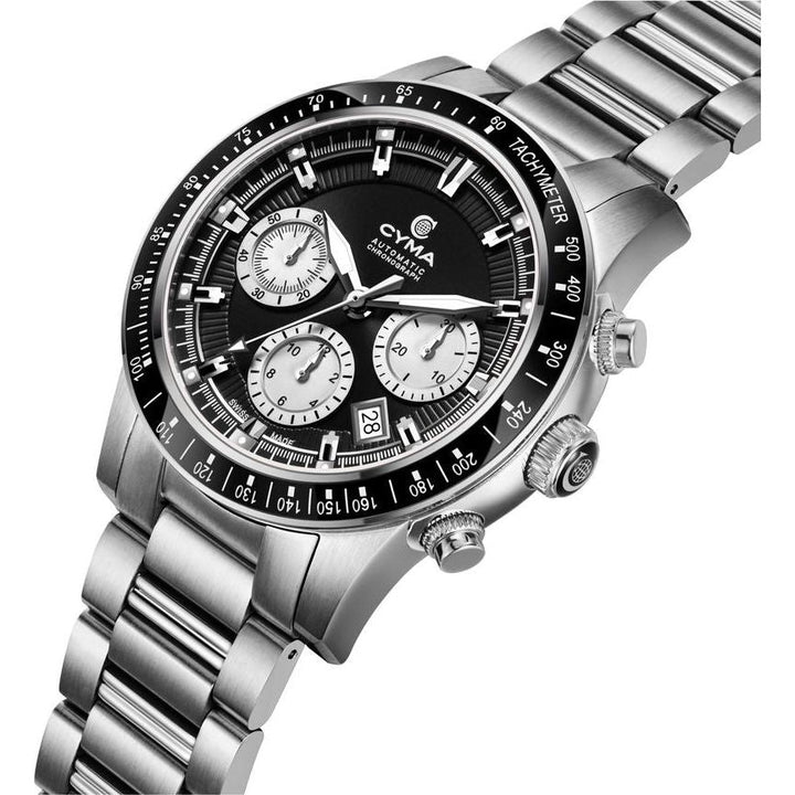 Cyma Grand Maestro Steel Cross Collection 43mm Black sunray dial base with silver white sub-dial Dial Silver Steel Bracelet