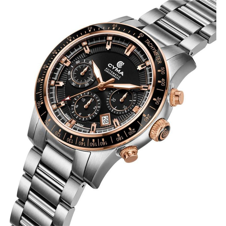Cyma Grand Maestro Steel Cross Collection 43mm Black Sunray Dial Silver Steel Bracelet
