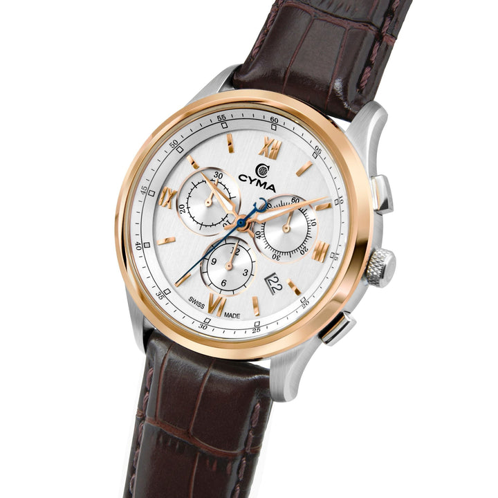 Cyma Champion Collection 42mm Silver white dial with vertical hairline finish Dial Dark Brown Leather Strap