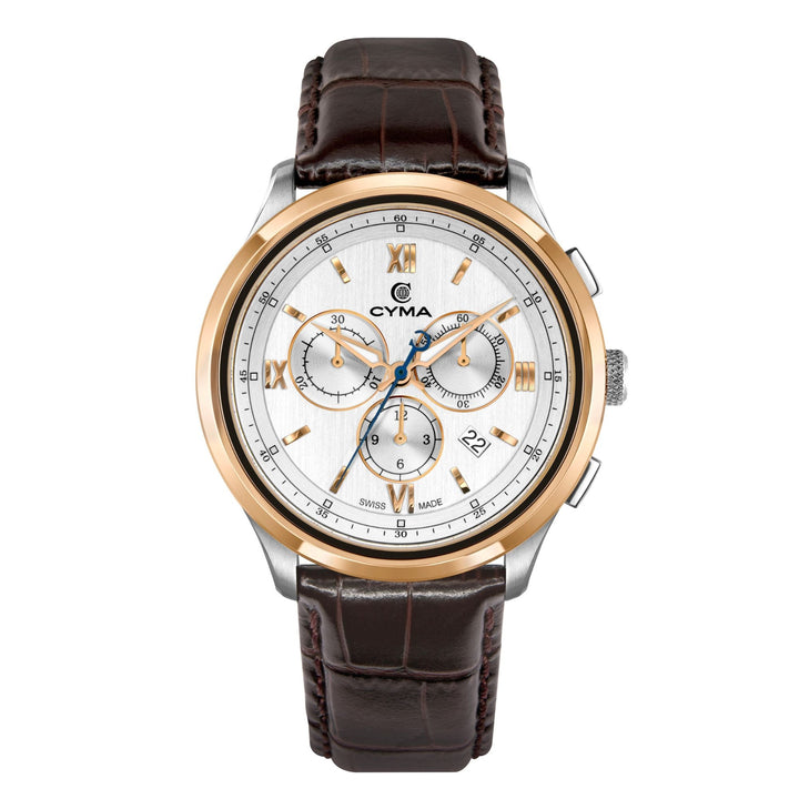 Cyma Champion Collection 42mm Silver white dial with vertical hairline finish Dial Dark Brown Leather Strap