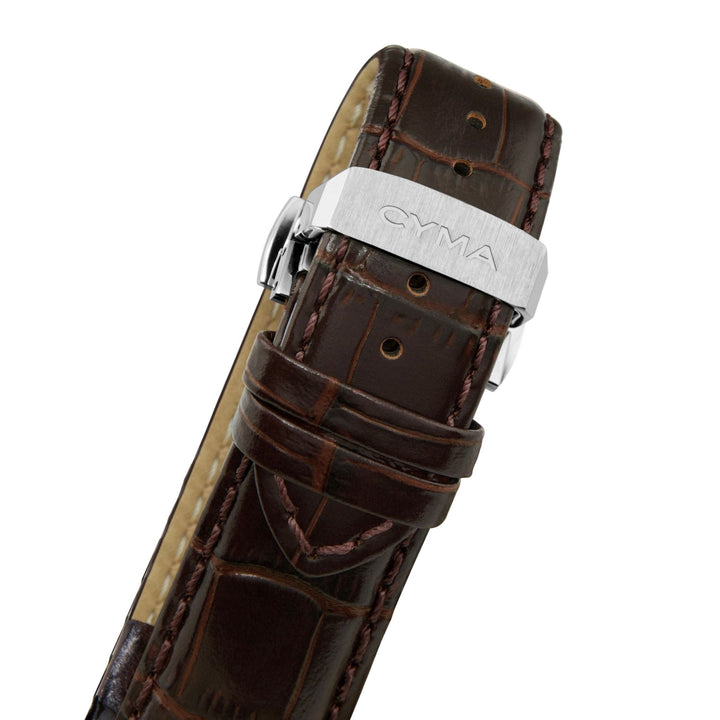 Cyma Champion Collection 42mm Silver white dial with vertical hairline finish Dial Dark Brown Leather Strap