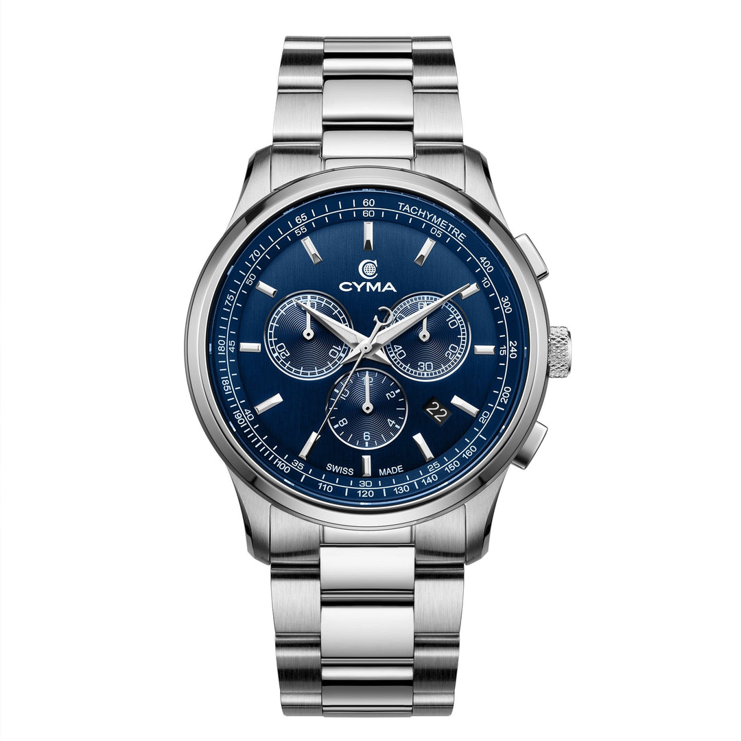 Cyma Champion Collection 42mm Dark blue dial with vertical hairline finish Dial Silver Steel Bracelet