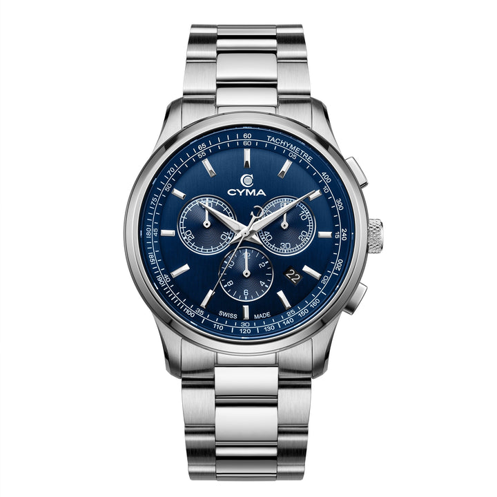 Cyma Champion Collection 42mm Dark blue dial with vertical hairline finish Dial Silver Steel Bracelet