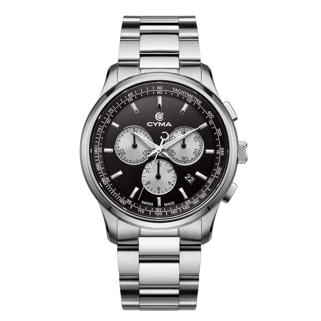 Cyma Champion Collection 42mm Black dial with vertical hairline finish Dial Silver Steel Bracelet