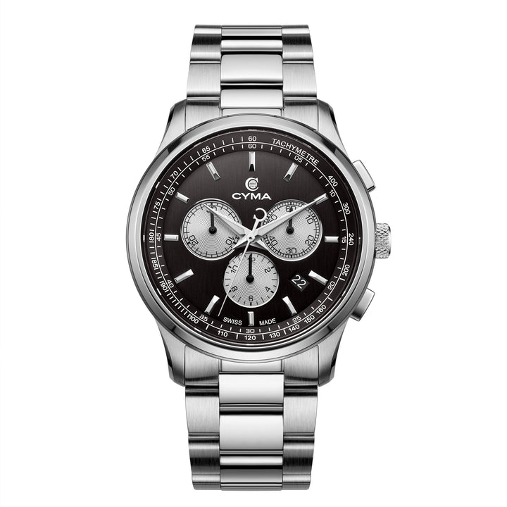 Cyma Champion Collection 42mm Black dial with vertical hairline finish Dial Silver Steel Bracelet