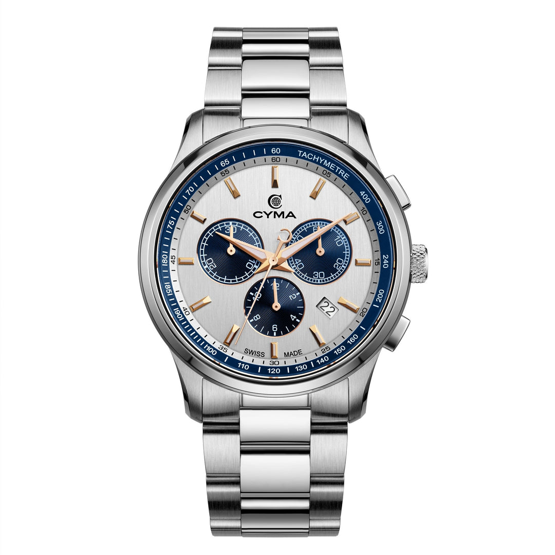Cyma Champion Collection 42mm Silver white dial with vertical hairline finish Dial Silver Steel Bracelet