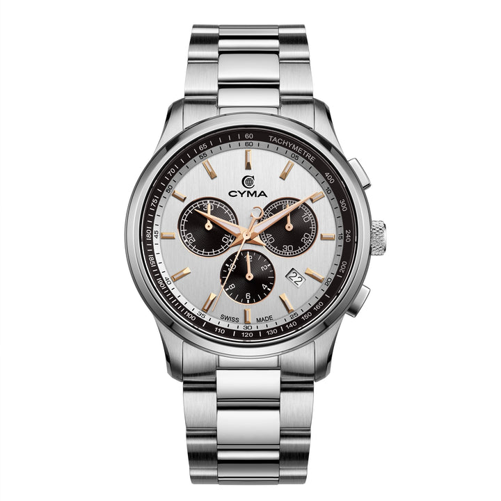 Cyma Champion Collection 42mm Silver white vertical hairline dial with black color sub-dial Dial Silver Steel Bracelet