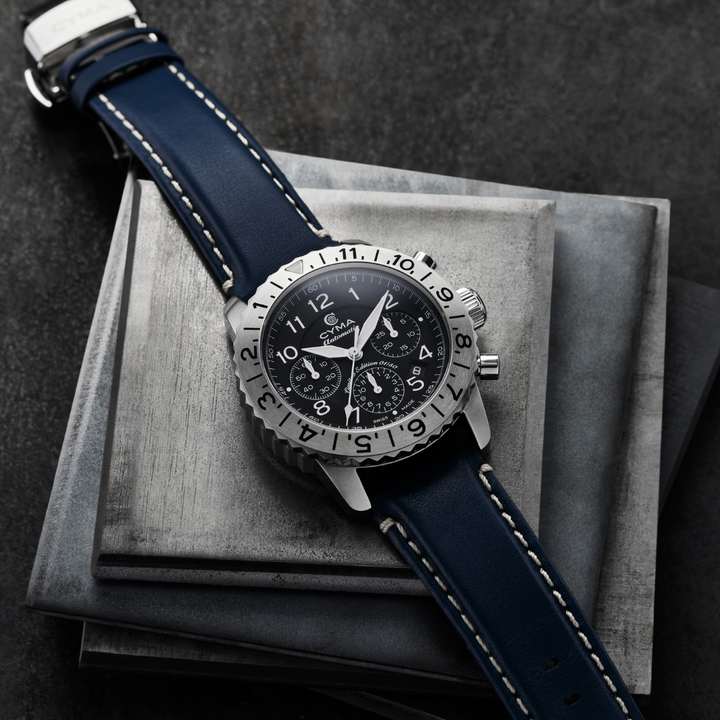 Cyma Grand Maestro Pilot Collection 42mm Black Dial Dark Blue Leather Strap