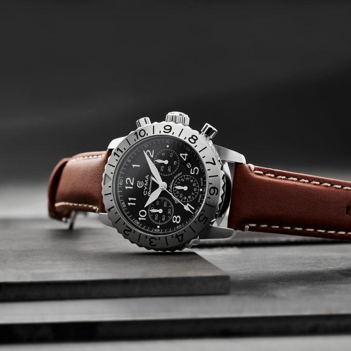 Cyma Grand Maestro Pilot Collection 42mm Black Dial Brown Leather Strap