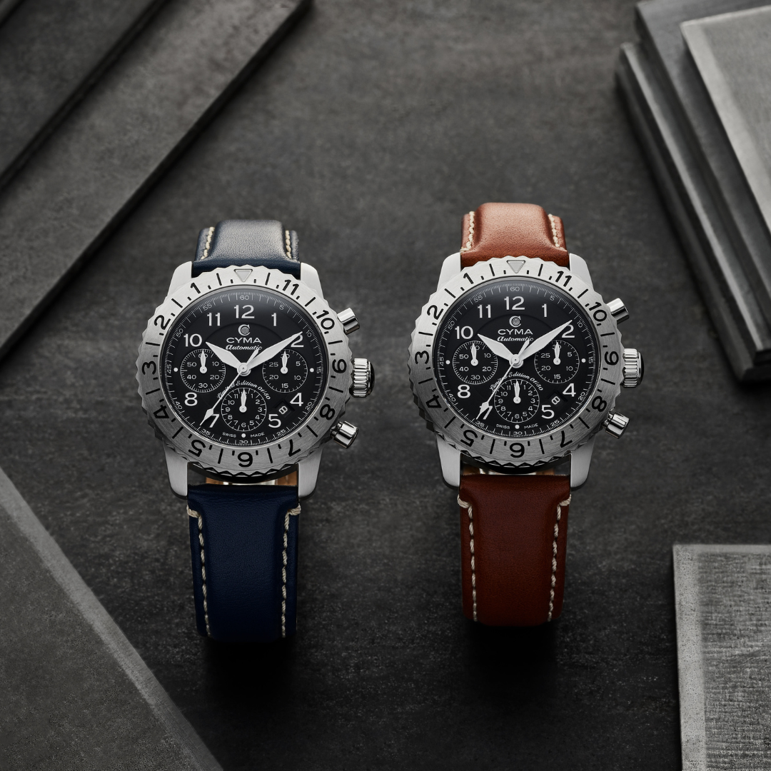 Cyma Grand Maestro Pilot Collection 42mm Black Dial Brown Leather Strap