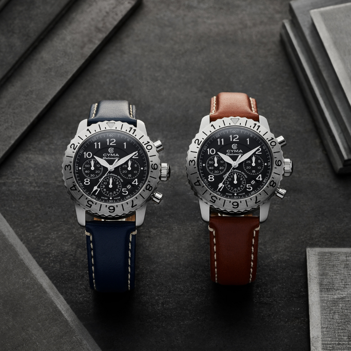 Cyma Grand Maestro Pilot Collection 42mm Black Dial Brown Leather Strap