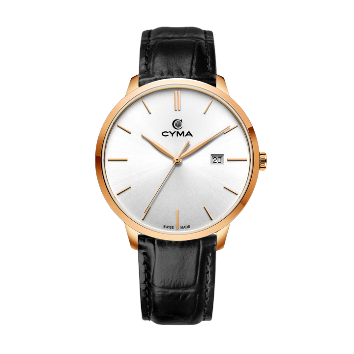 Cyma Intelligentsia Collection 42mm Silver white dial with sunray finish Dial Black Leather Strap