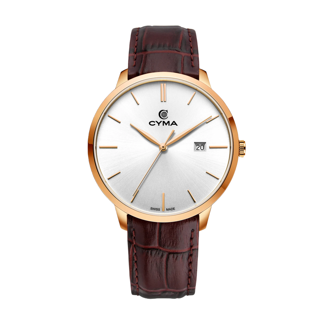 Cyma Intelligentsia Collection 42mm Silver white dial with sunray finish Dial Dark brown Leather Strap
