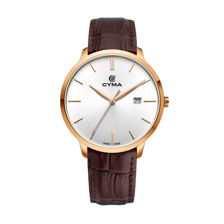 Cyma Intelligentsia Collection 42mm Silver white dial with sunray finish Dial Dark brown Leather Strap