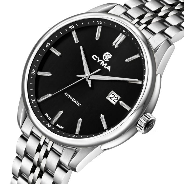 Cyma Charisma Collection 42mm Black dial with vertical brush finish Dial Silver Steel Bracelet