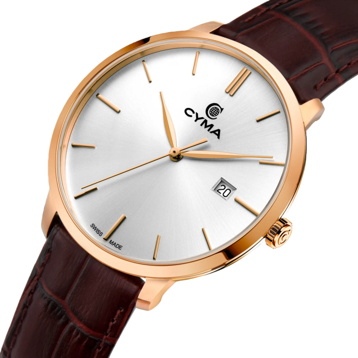 Cyma Intelligentsia Collection 42mm Silver white dial with sunray finish Dial Dark brown Leather Strap