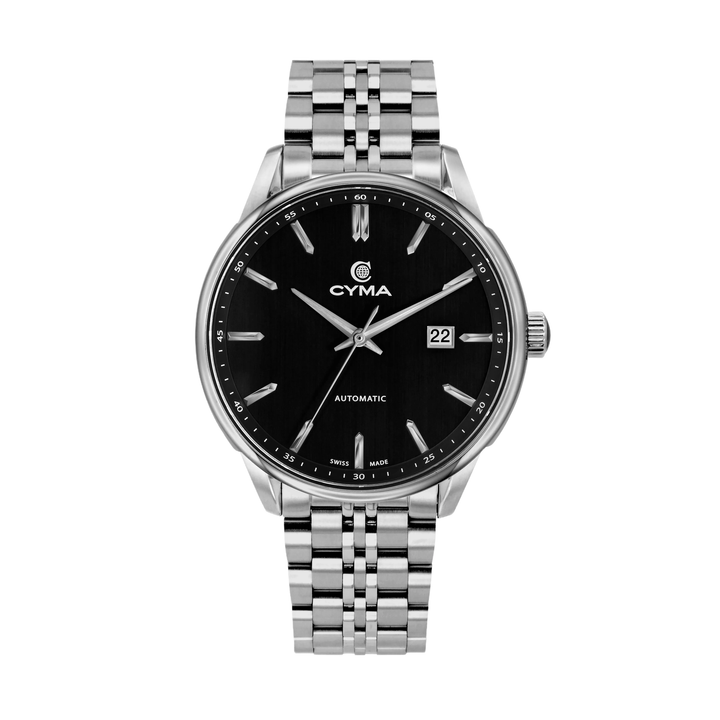 Cyma Charisma Collection 42mm Black dial with vertical brush finish Dial Silver Steel Bracelet