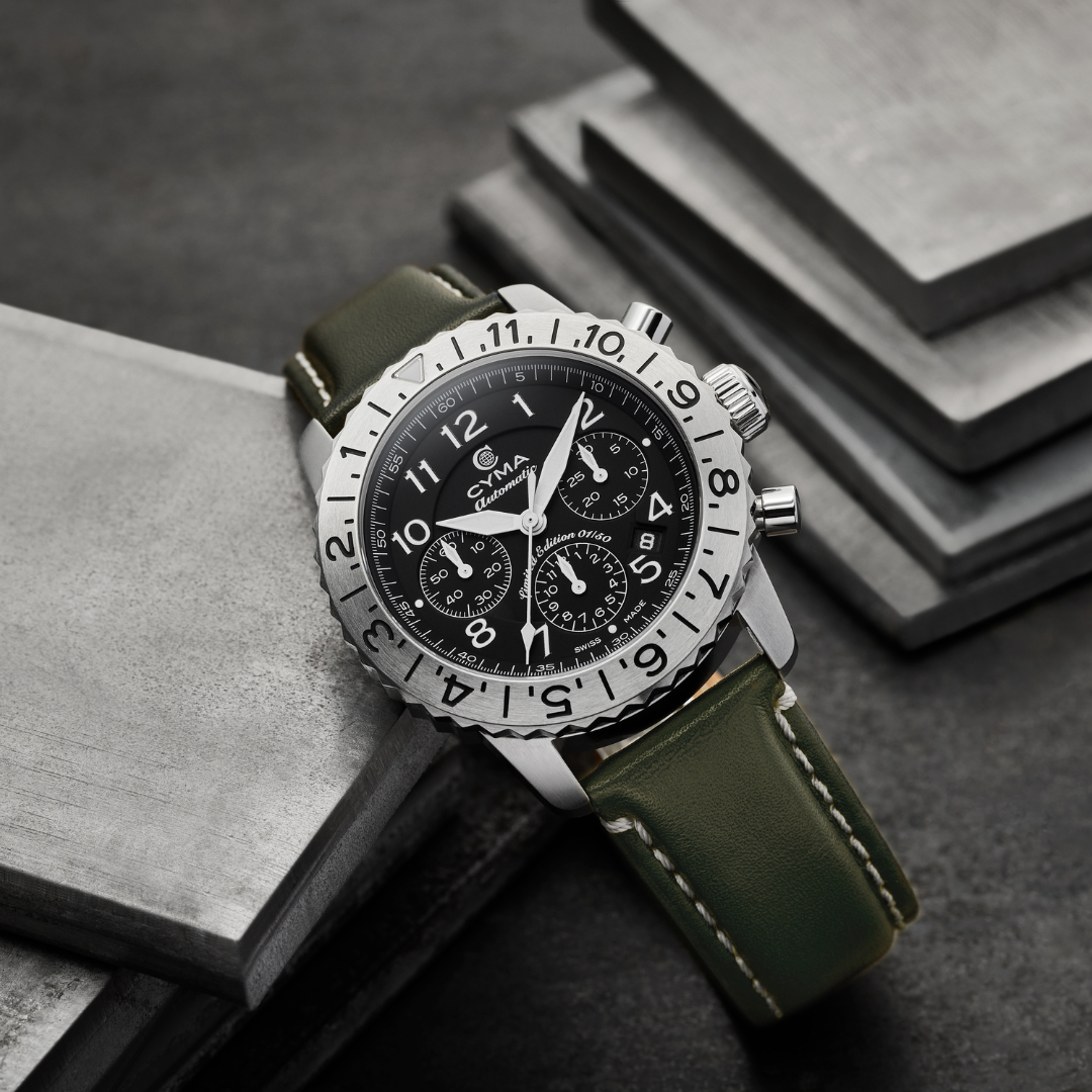 Cyma Grand Maestro Pilot Collection 42mm Black Dial Forest Green Leather Strap