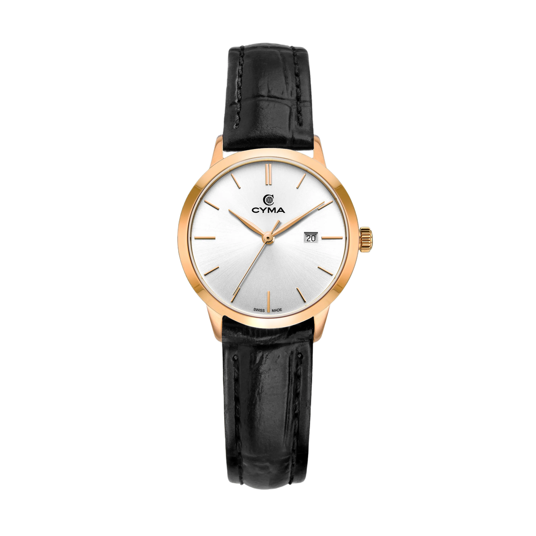 Cyma Intelligentsia Collection 30mm Silver white dial with sunray finish Dial Black Leather Strap