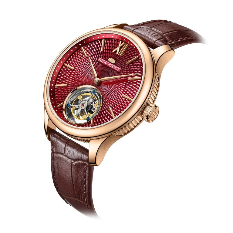 Seagull Tourbillon 42mm Red Dial Brown Strap