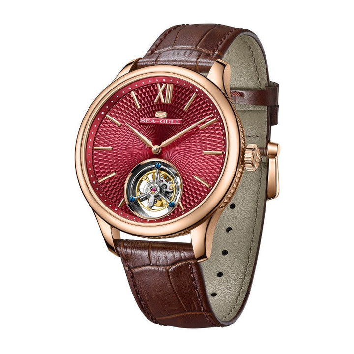 Seagull Tourbillon 42mm Red Dial Brown Strap