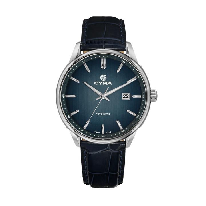 Cyma Charisma Collection 42mm Smoky blue dial with vertical brush finish Dial Blue Leather Strap