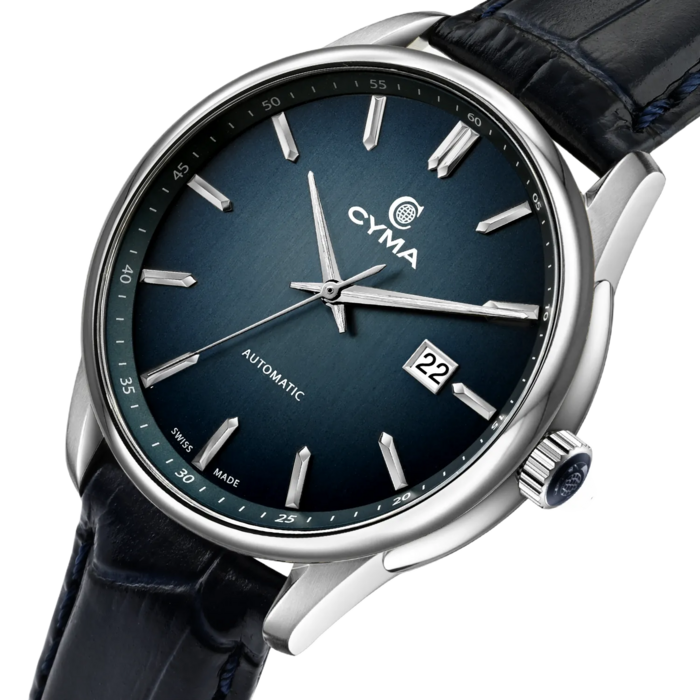 Cyma Charisma Collection 42mm Smoky blue dial with vertical brush finish Dial Blue Leather Strap