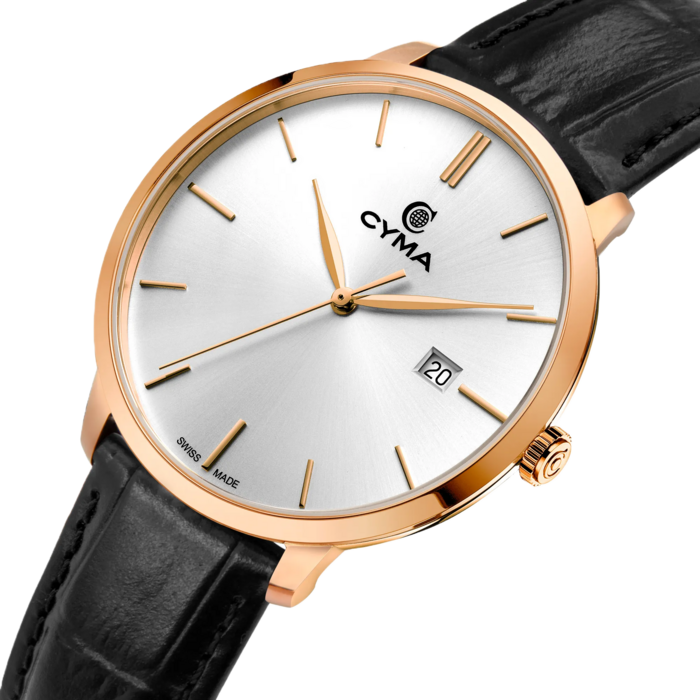 Cyma Intelligentsia Collection 42mm Silver white dial with sunray finish Dial Black Leather Strap