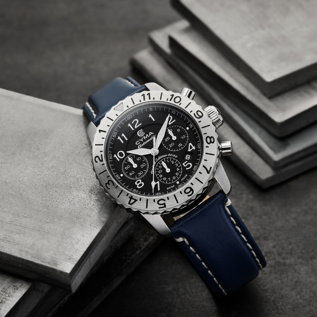 Cyma Grand Maestro Pilot Collection 42mm Black Dial Dark Blue Leather Strap