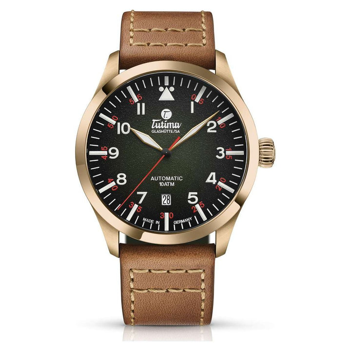 Tutima Glashütte Flieger Bronze 41.5mm Degrade matt green Dial Light Brown Strap