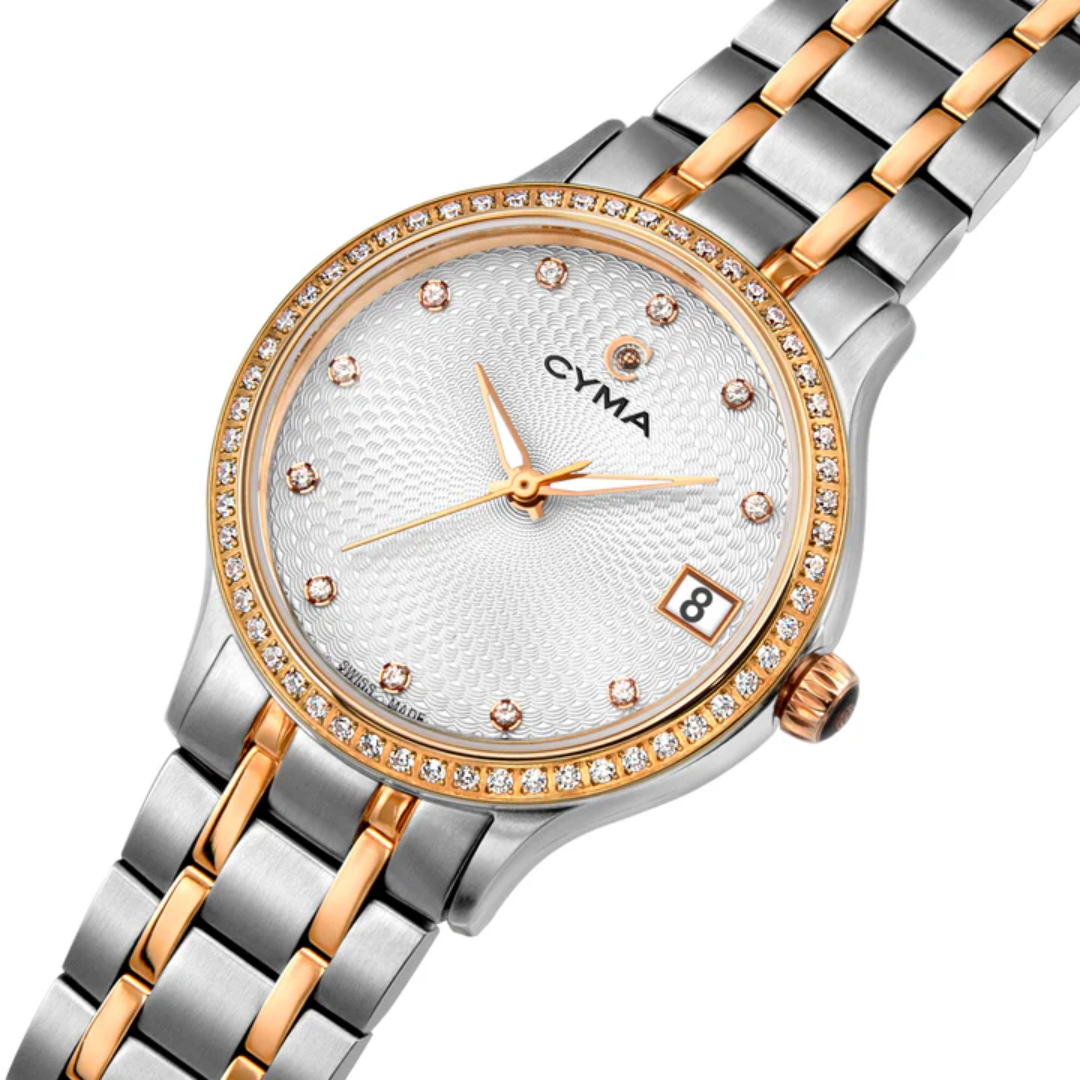 Cyma Belle Collection 30mm White dial with geometric pattern Dial Silver / Rose Gold Steel Bracelet