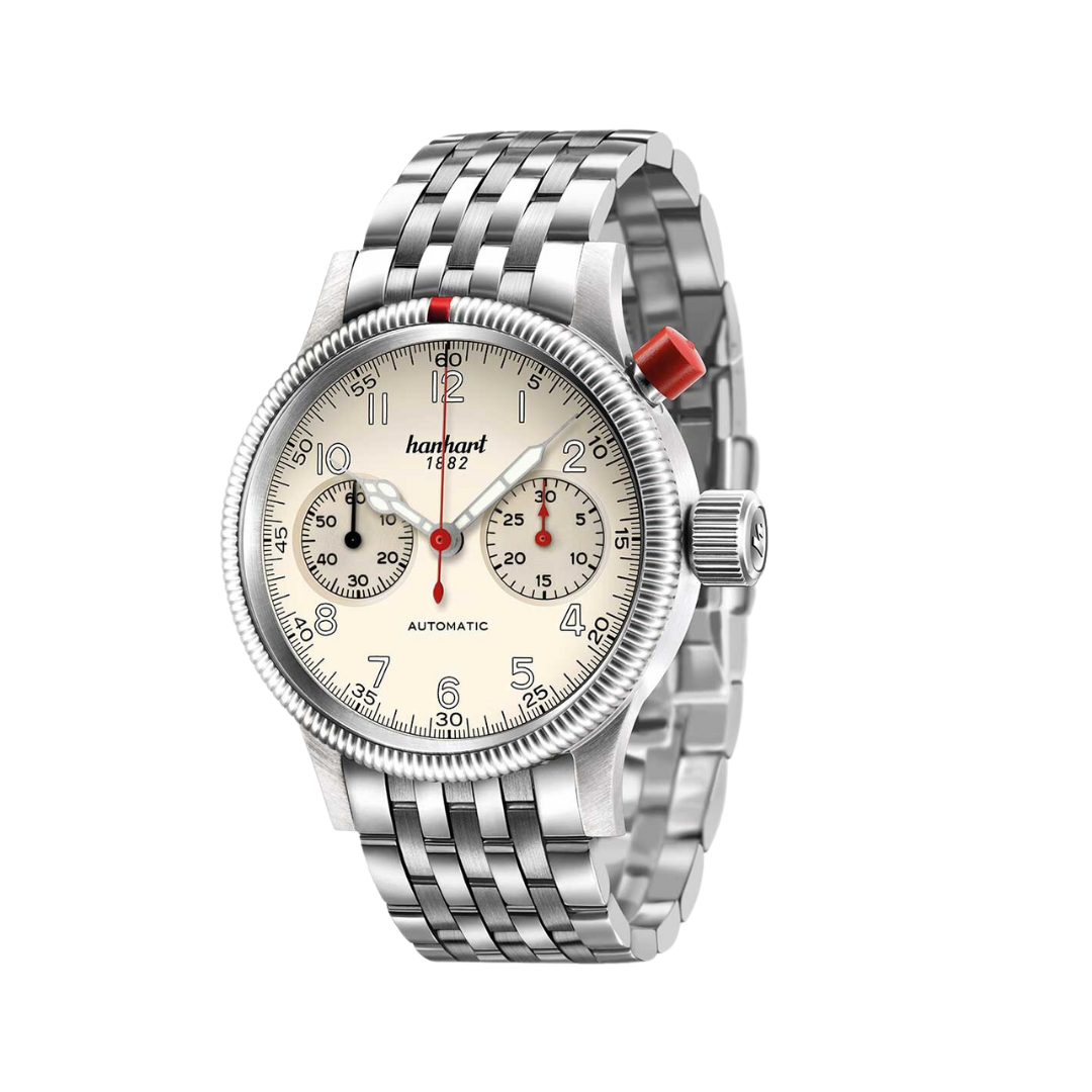 Hanhart PIONEER Mk I 40mm White Dial Silver Steel Bracelet