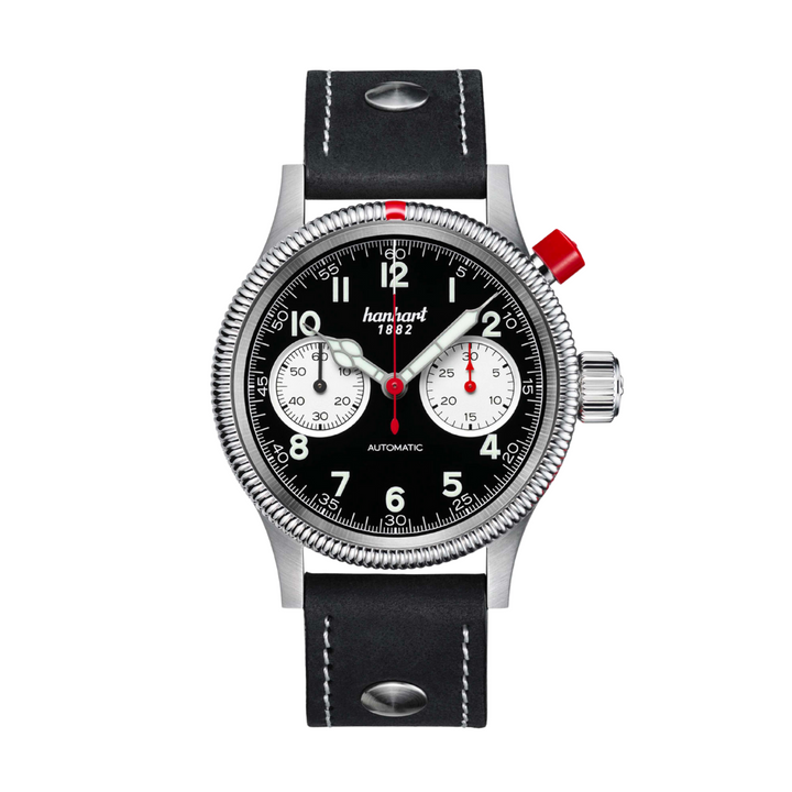 Hanhart PIONEER Mk I Reverse Panda 40mm Black Dial Black Strap