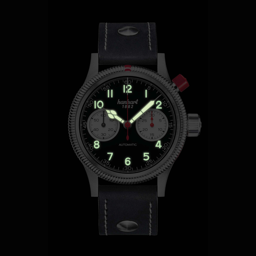 Hanhart PIONEER Mk I Reverse Panda 40mm Black Dial Black Strap