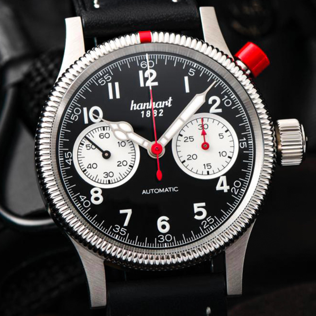 Hanhart PIONEER Mk I Reverse Panda 40mm Black Dial Black Strap