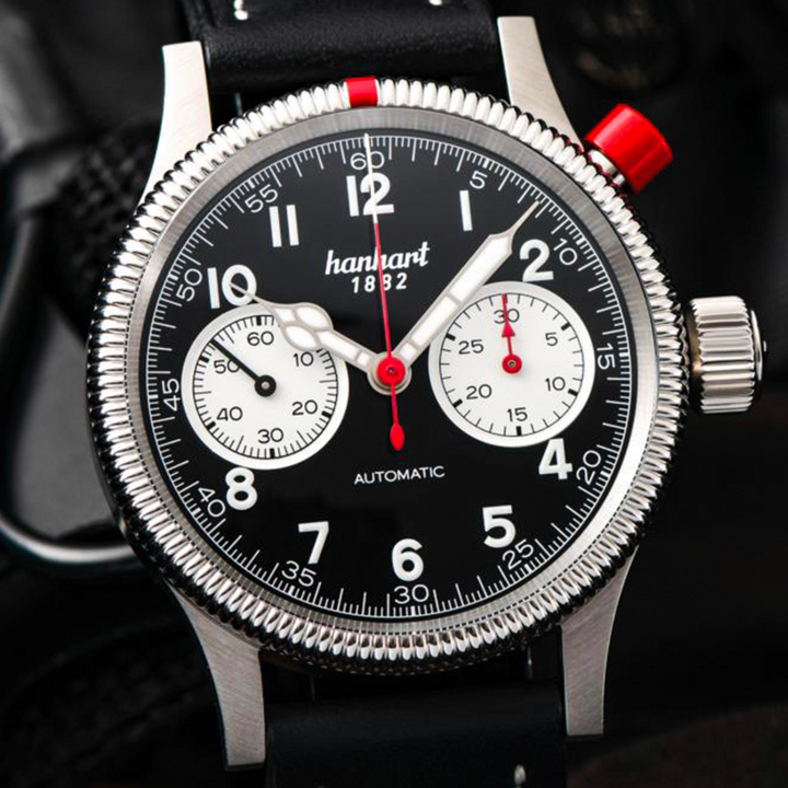 Hanhart PIONEER Mk I Reverse Panda 40mm Black Dial Black Strap