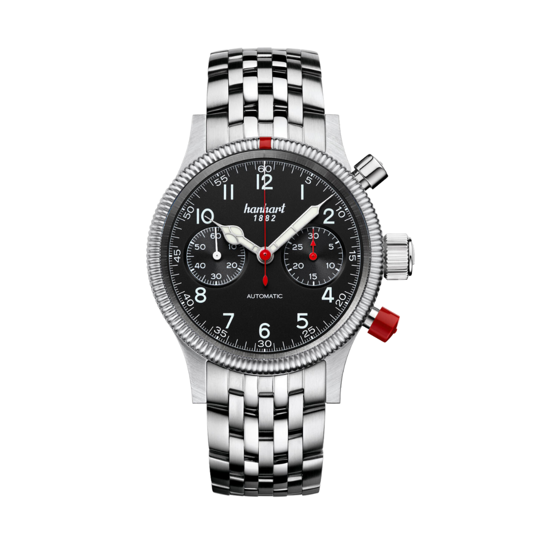 Hanhart PIONEER Mk II 40mm Black Dial Silver Steel Bracelet