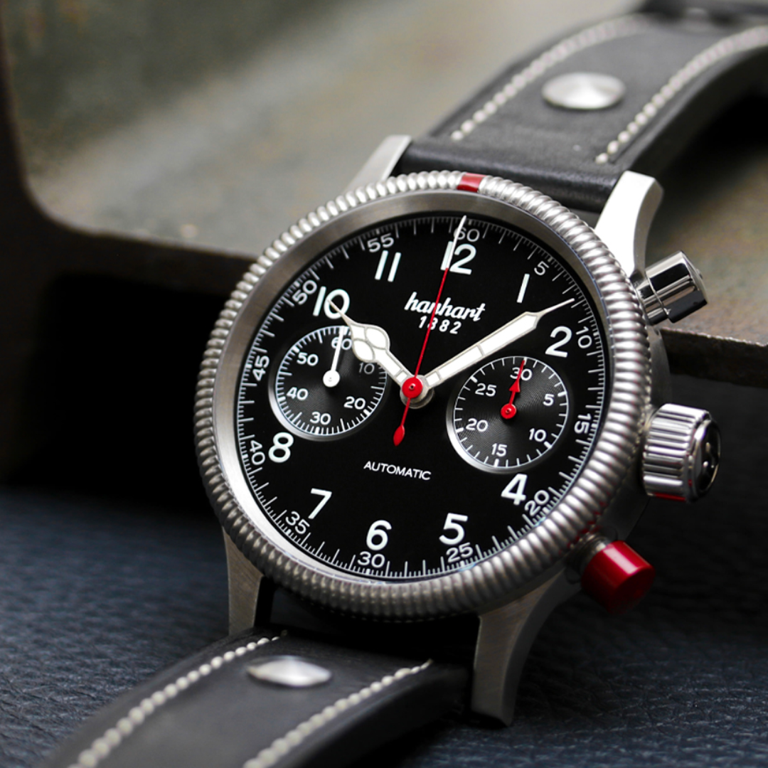 Hanhart PIONEER Mk II 40mm Black Dial Silver Steel Bracelet