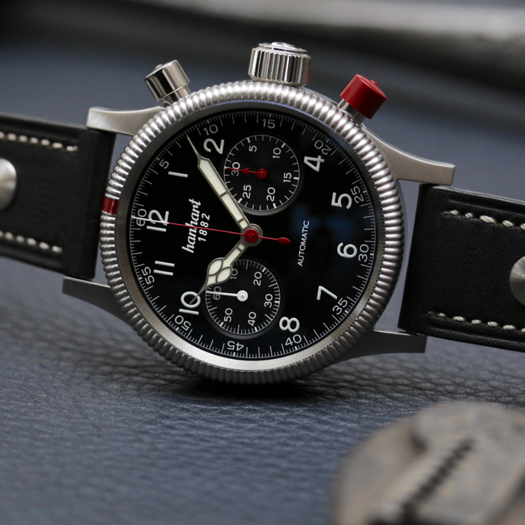 Hanhart PIONEER Mk II 40mm Black Dial Silver Steel Bracelet