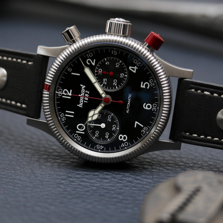 Hanhart PIONEER Mk II 40mm Black Dial Silver Steel Bracelet