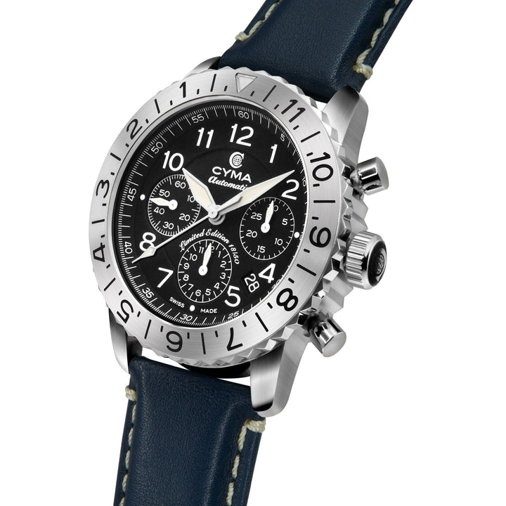 Cyma Grand Maestro Pilot Collection 42mm Black Dial Dark Blue Leather Strap