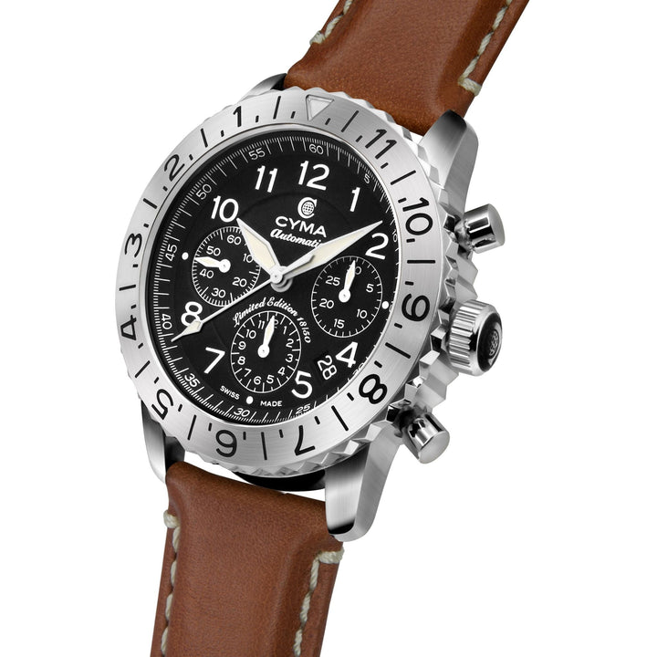 Cyma Grand Maestro Pilot Collection 42mm Black Dial Brown Leather Strap