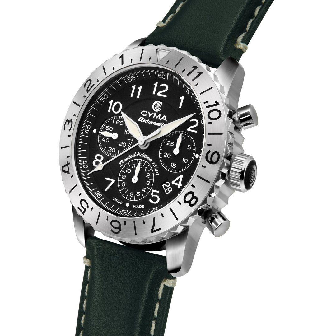 Cyma Grand Maestro Pilot Collection 42mm Black Dial Forest Green Leather Strap