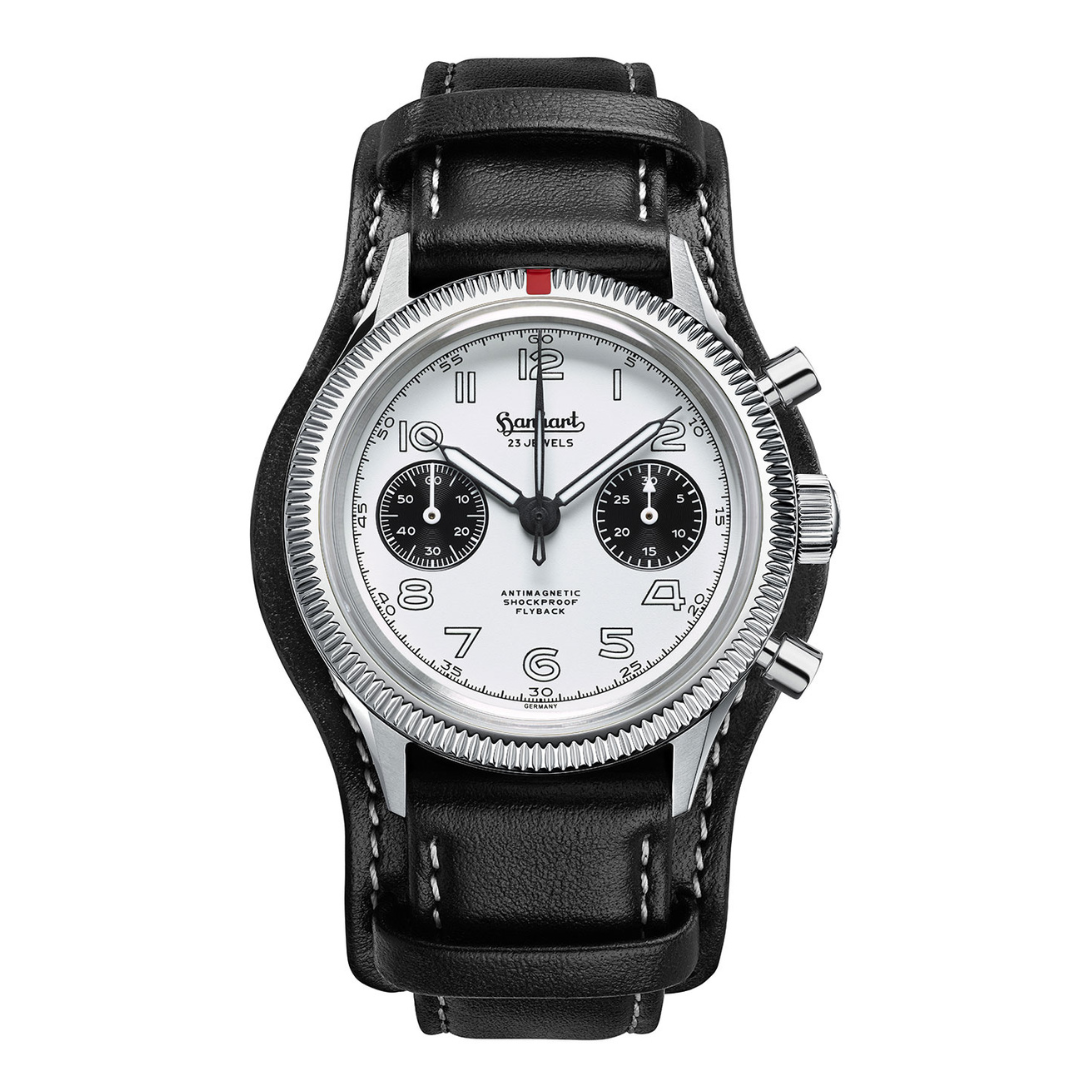 Hanhart 417 ES 1954 Flyback 39mm White Dial Black Strap