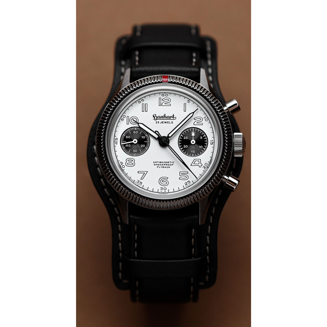 Hanhart 417 ES 1954 Flyback 39mm White Dial Black Strap