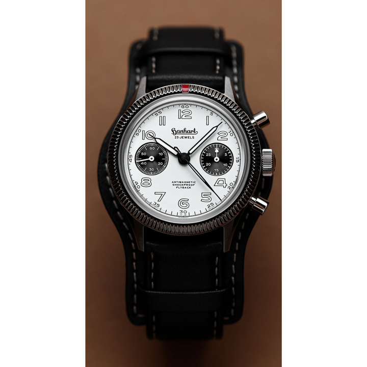 Hanhart 417 ES 1954 Flyback 39mm White Dial Black Strap